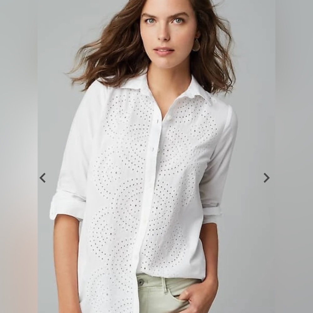 Outerknown White Organic Cotton Eyelet Lace Front Button Up Blouse